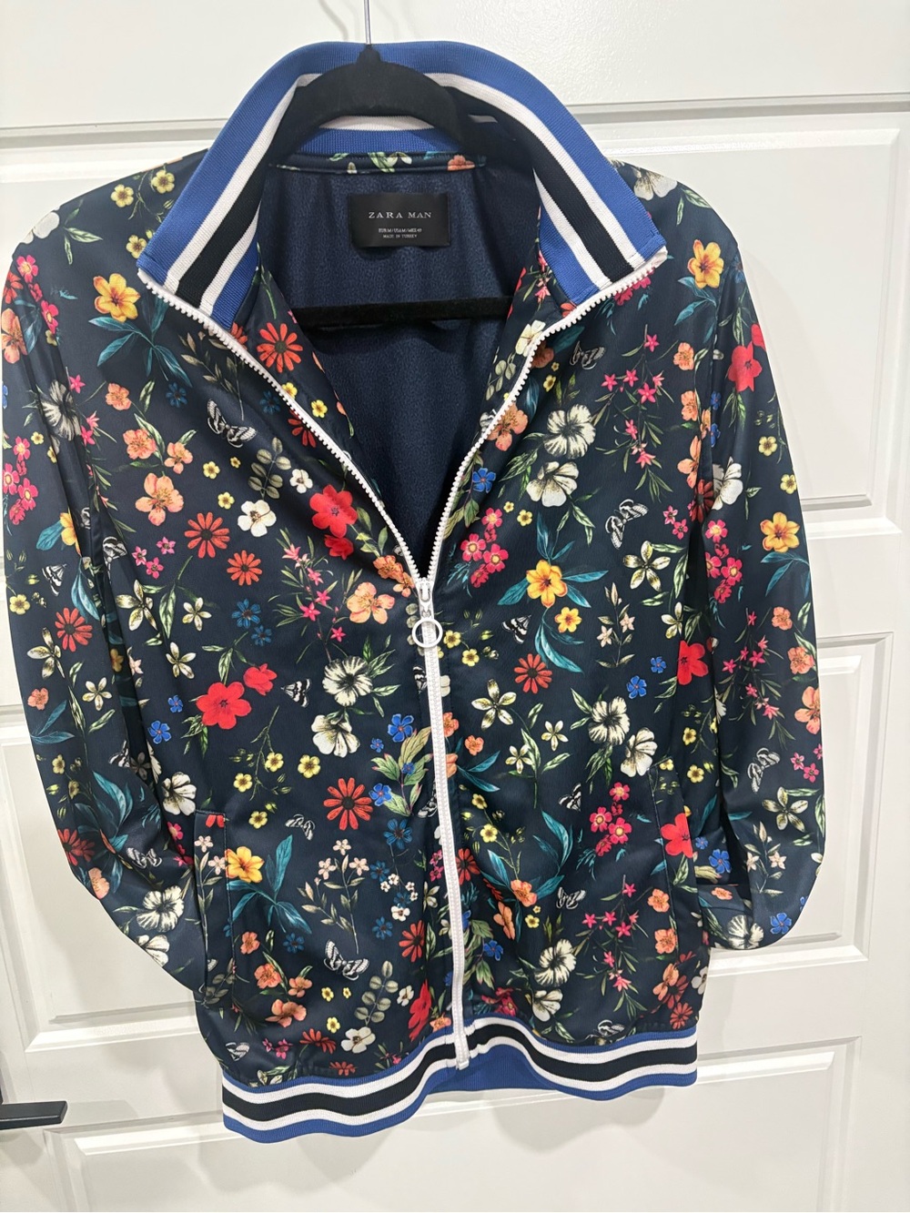 Zara Navy Floral Zip-Up Bomber Jacket with Blue-Striped Trim